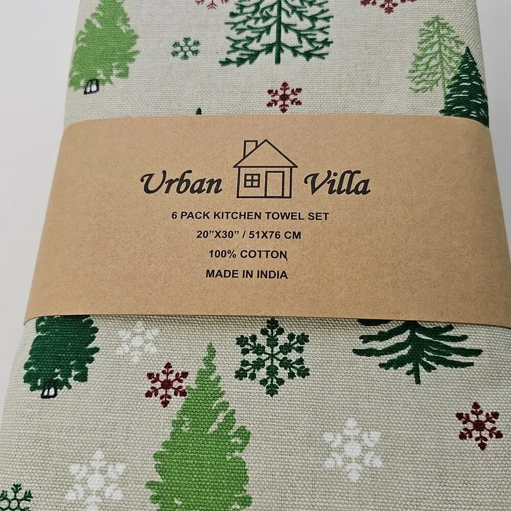 Urban Villa 6 pack cotton kitchen towels christmas trees snowflakes NIP